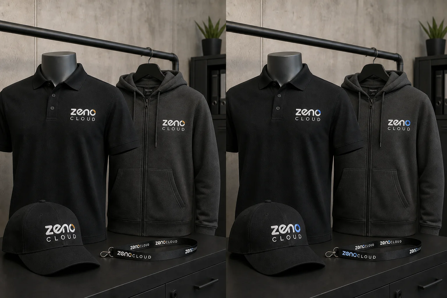 Gold and cobalt ZenoCloud apparel comparison with high-contrast white embroidery