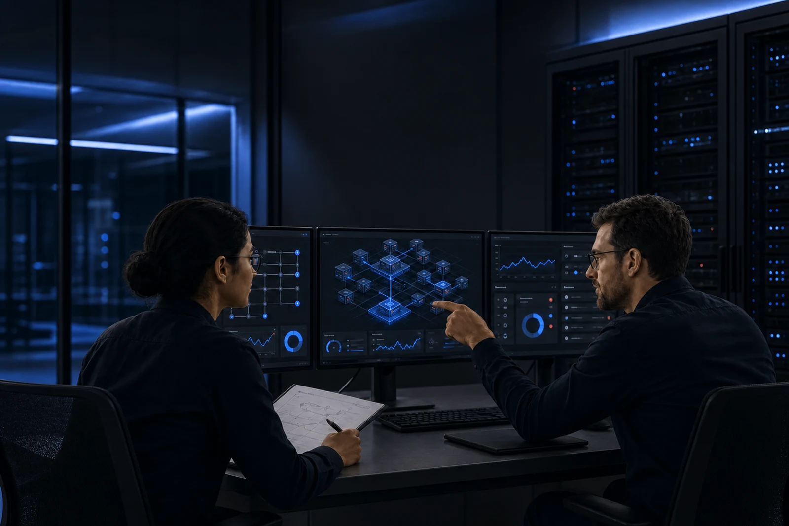 Infrastructure engineers reviewing systems