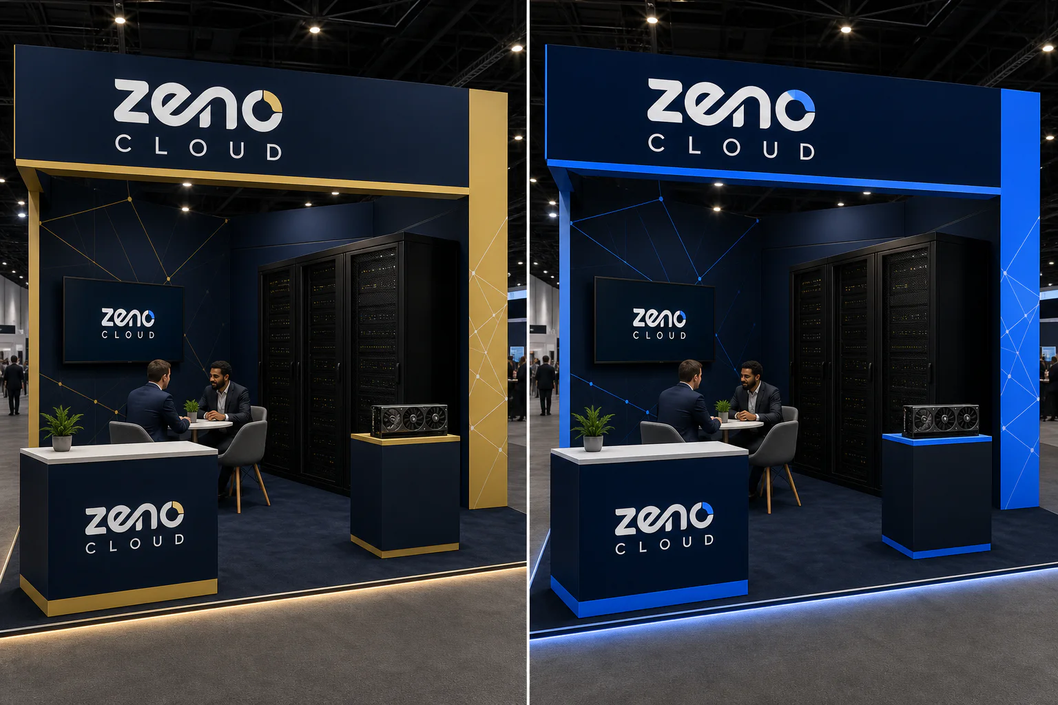 Gold and cobalt ZenoCloud exhibition-booth comparison