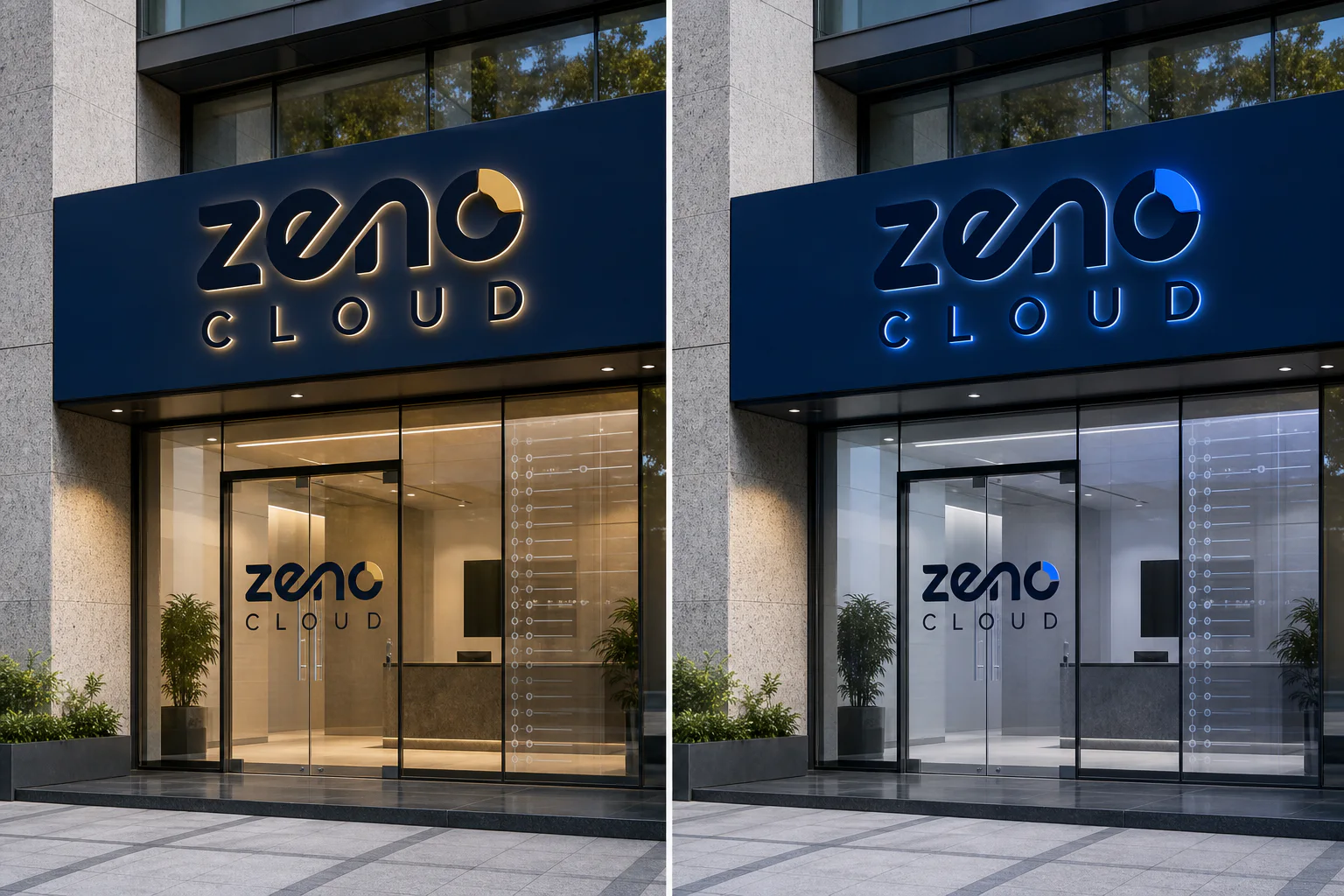Gold and cobalt ZenoCloud office-front comparison